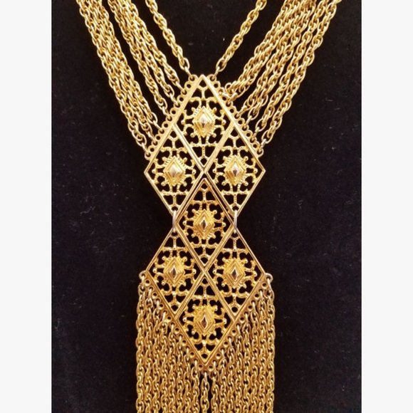 Vtg 70s Gold Chain Fringe Pendant Necklace - Picture 4 of 7